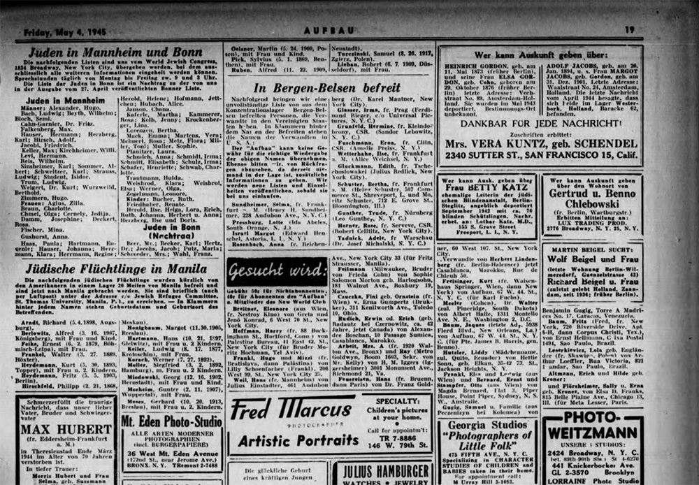 4. 5. 1945, noviny Aufbau, strana 19. Noviny zprostředkovávaly kontakt mezi židovskými emigranty v Americe a přeživšími po válce